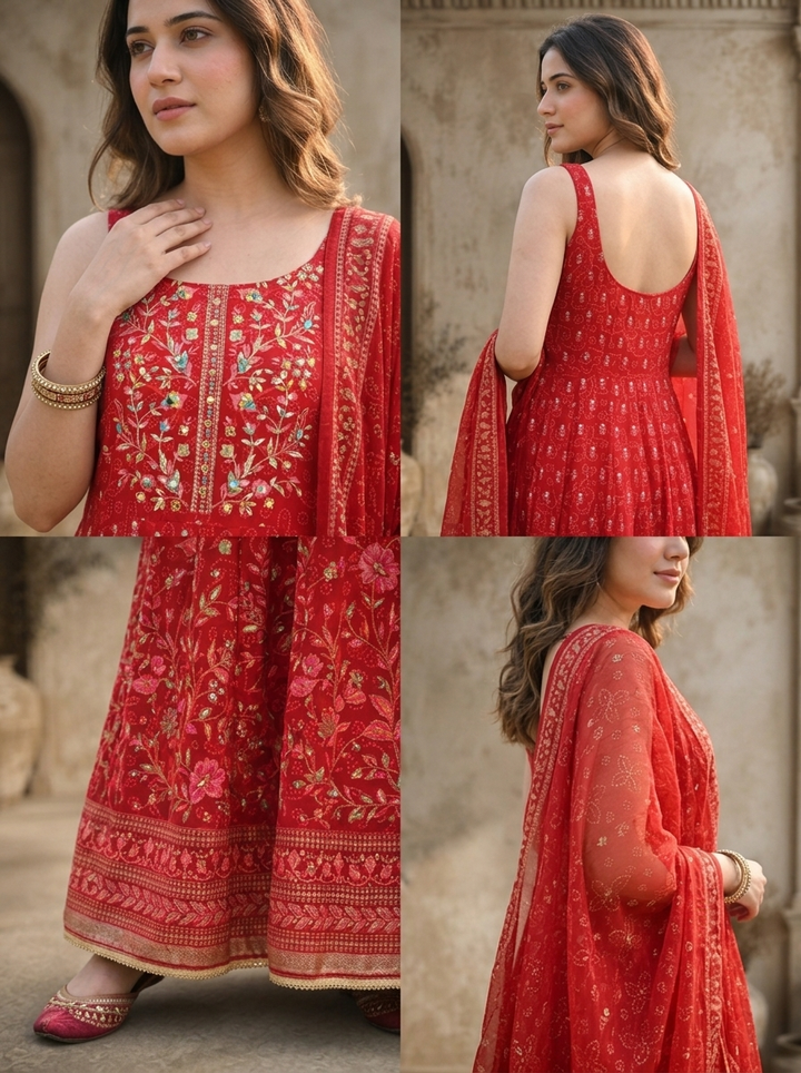 Maroon Organza Bandhani Booti With Floral Printed Three Piece Set