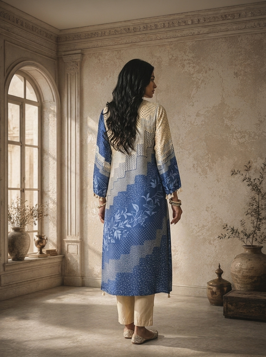 Blue Satin Geometric Patchwork And Leaf Printed Two Piece Set