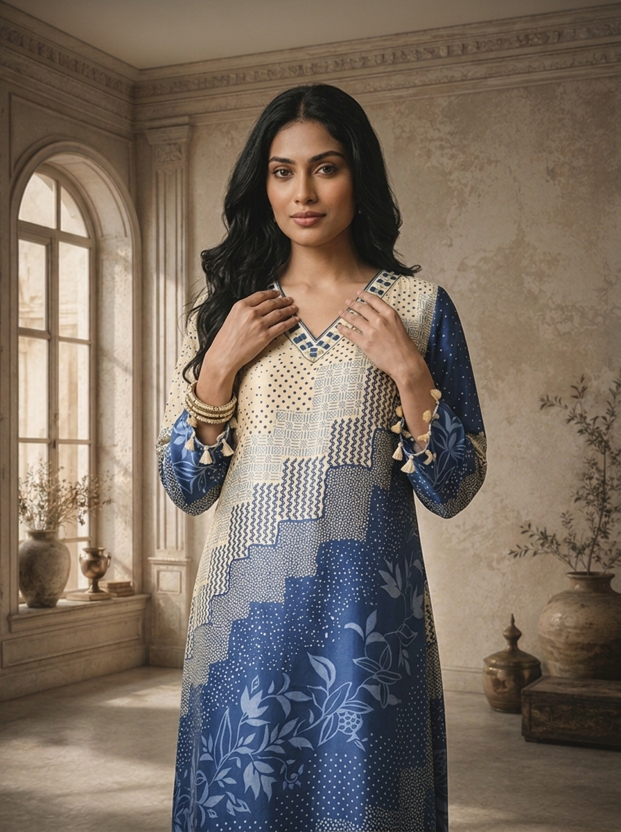 Blue Satin Geometric Patchwork And Leaf Printed Two Piece Set