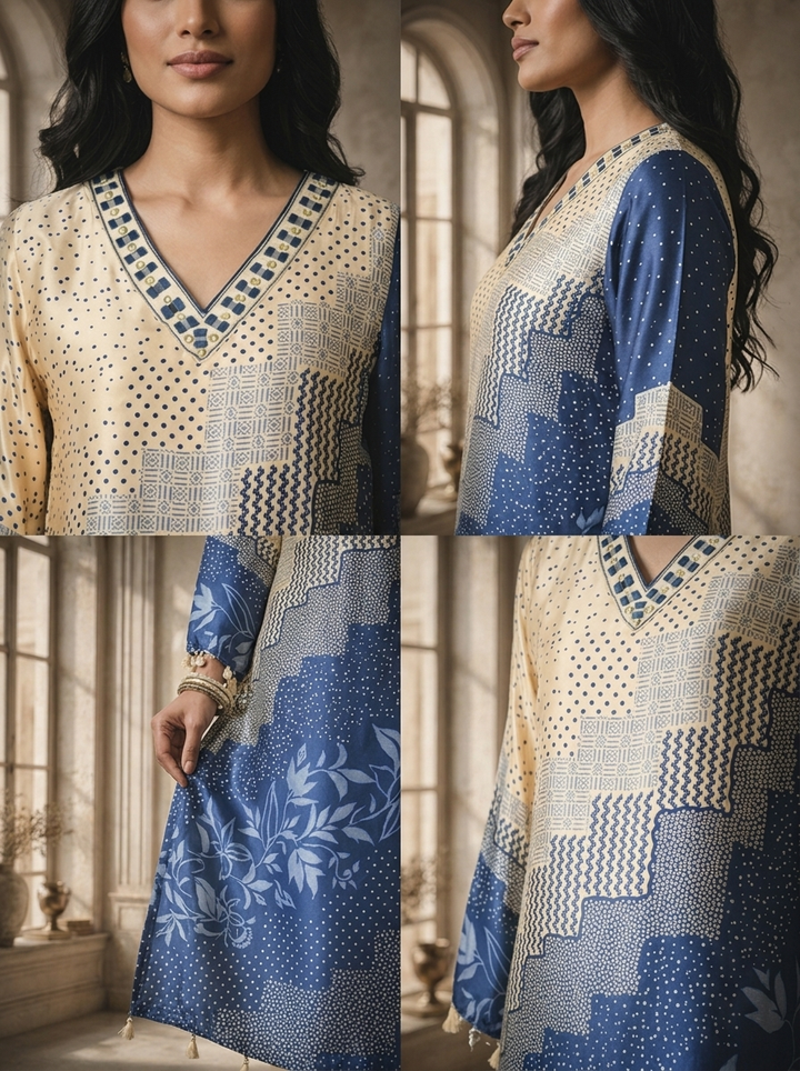 Blue Satin Geometric Patchwork And Leaf Printed Two Piece Set
