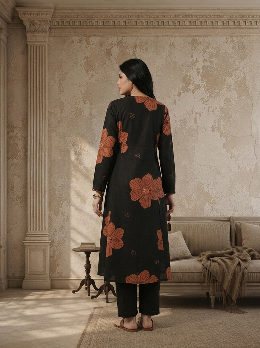 Black Cotton Terracotta Flower Digital Printed Two Piece Set