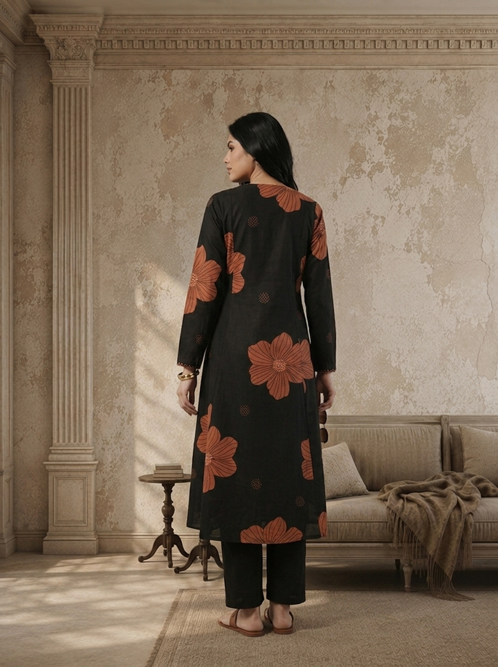 Black Cotton Terracotta Flower Digital Printed Two Piece Set