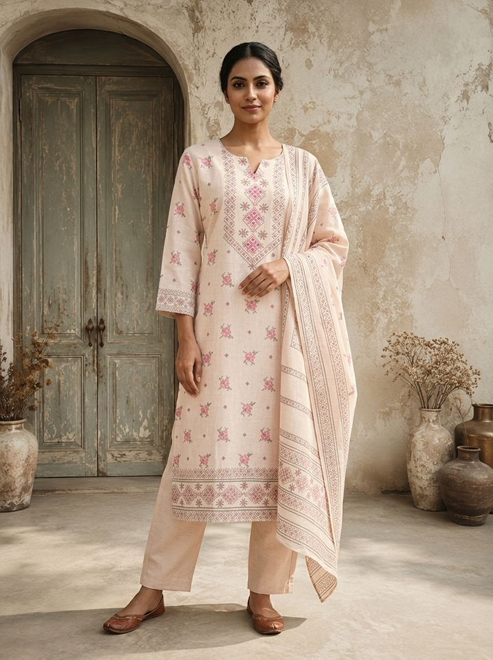 Baby Pink Linen Floral Booti With Cross-Stitch Jaal Printed Three Piece Set