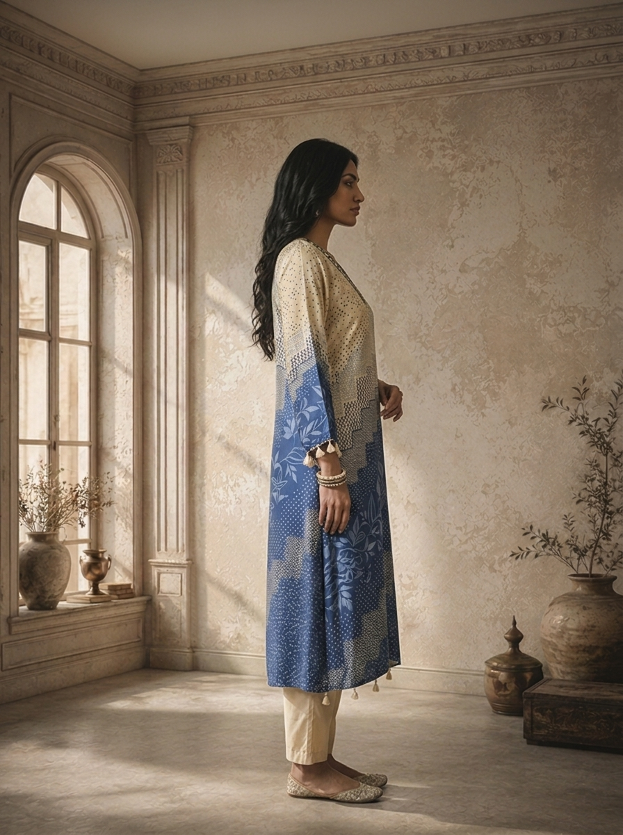 Blue Satin Geometric Patchwork And Leaf Printed Two Piece Set