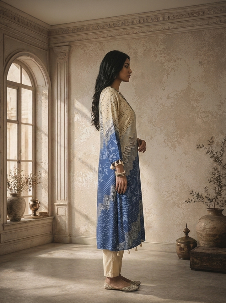 Blue Satin Geometric Patchwork And Leaf Printed Two Piece Set