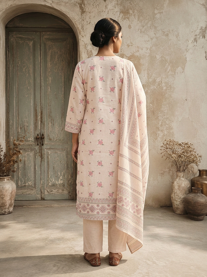 Baby Pink Linen Floral Booti With Cross-Stitch Jaal Printed Three Piece Set