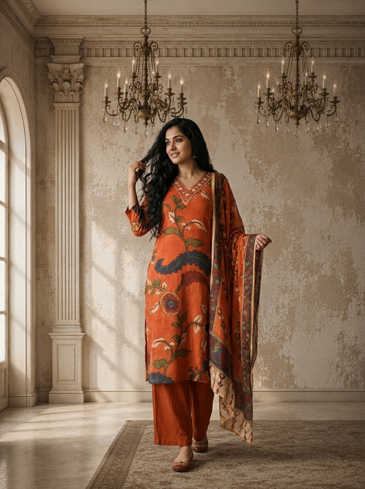 Rust Muslin Kalamkari Floral Jaal Printed Three Piece Set