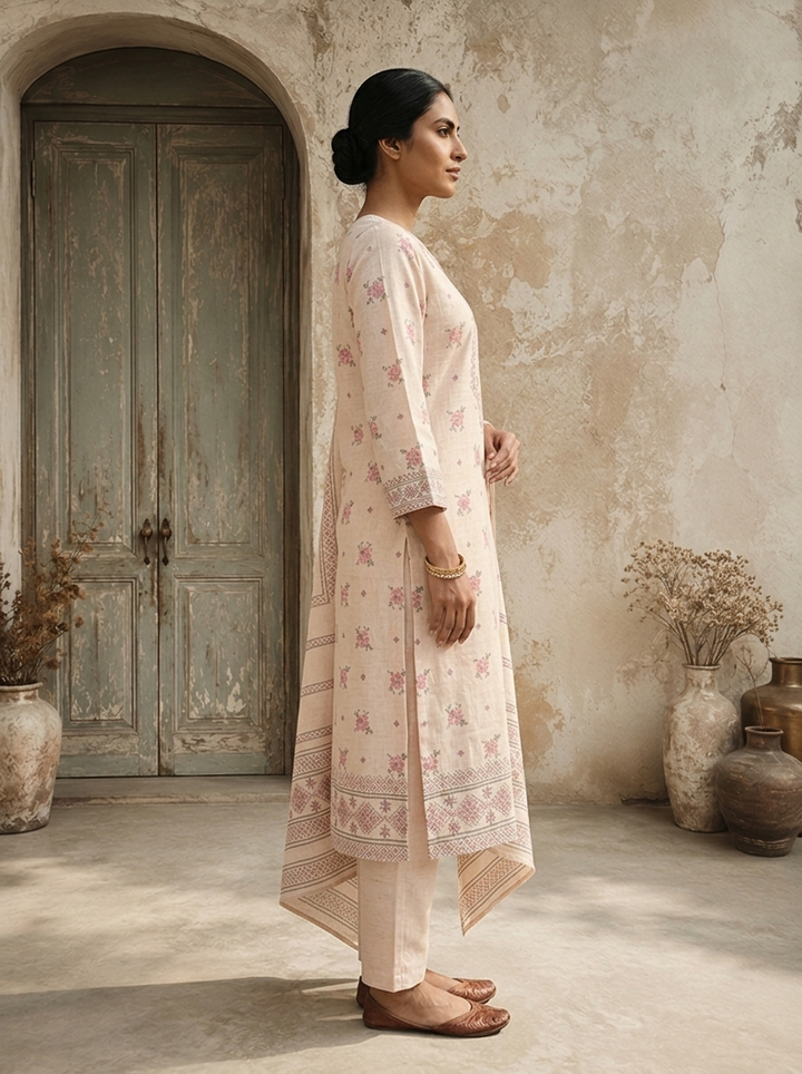 Baby Pink Linen Floral Booti With Cross-Stitch Jaal Printed Three Piece Set