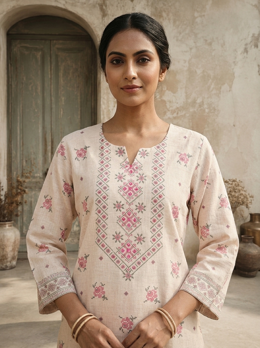 Baby Pink Linen Floral Booti With Cross-Stitch Jaal Printed Three Piece Set