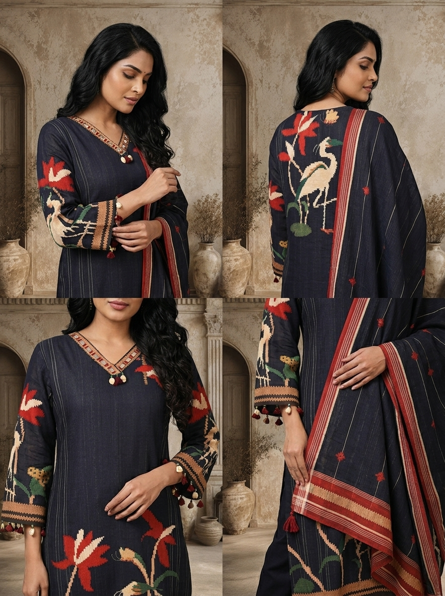 Navy Blue Linen Lotus And Crane Embroidered Three Piece Set