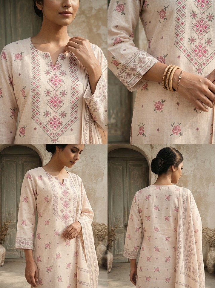 Baby Pink Linen Floral Booti With Cross-Stitch Jaal Printed Three Piece Set