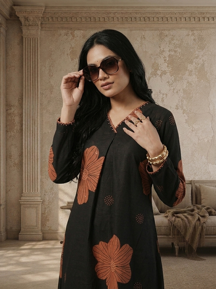 Black Cotton Terracotta Flower Digital Printed Two Piece Set
