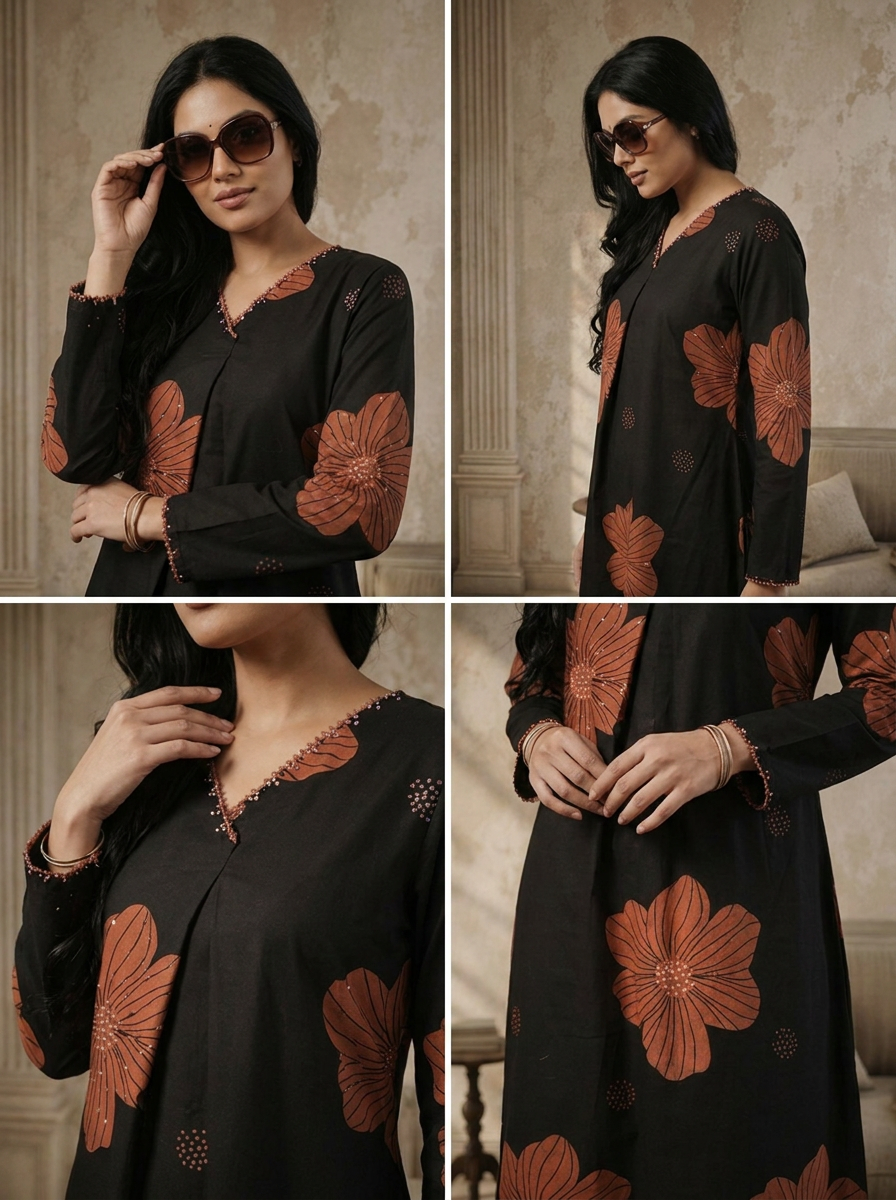 Black Cotton Terracotta Flower Digital Printed Two Piece Set