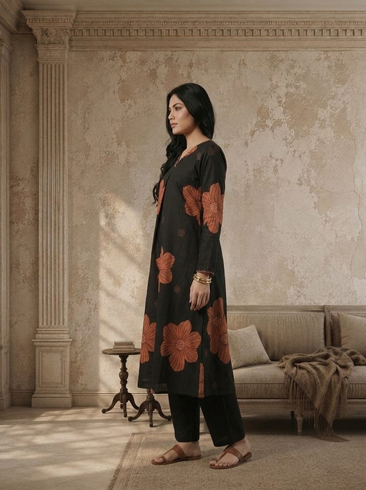 Black Cotton Terracotta Flower Digital Printed Two Piece Set