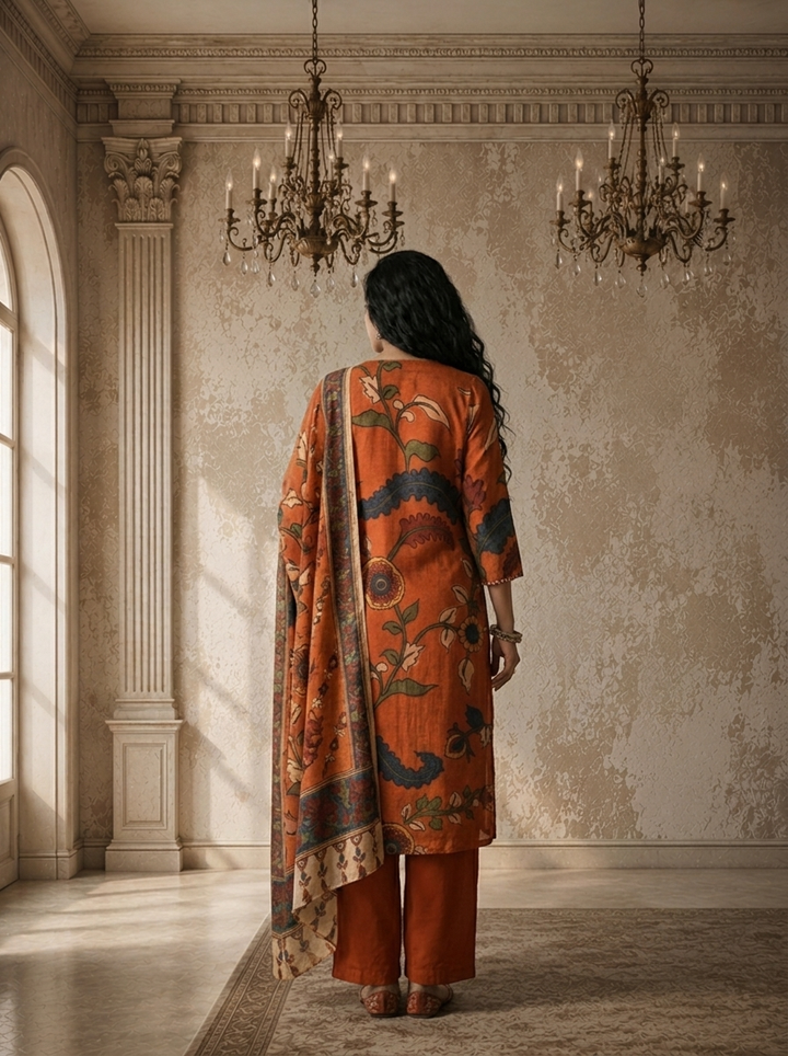 Rust Muslin Kalamkari Floral Jaal Printed Three Piece Set