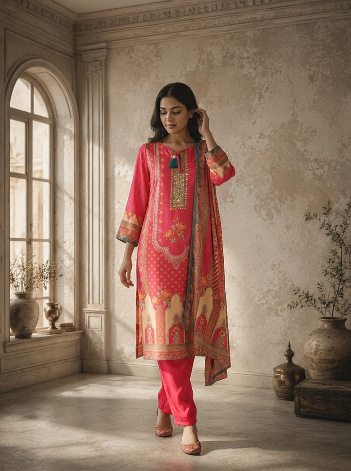 Magenta Crepe Mughal Arch Printed Three Piece Set