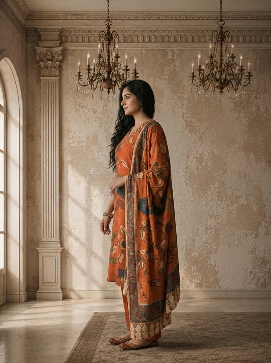 Rust Muslin Kalamkari Floral Jaal Printed Three Piece Set