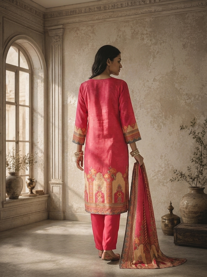 Magenta Crepe Mughal Arch Printed Three Piece Set
