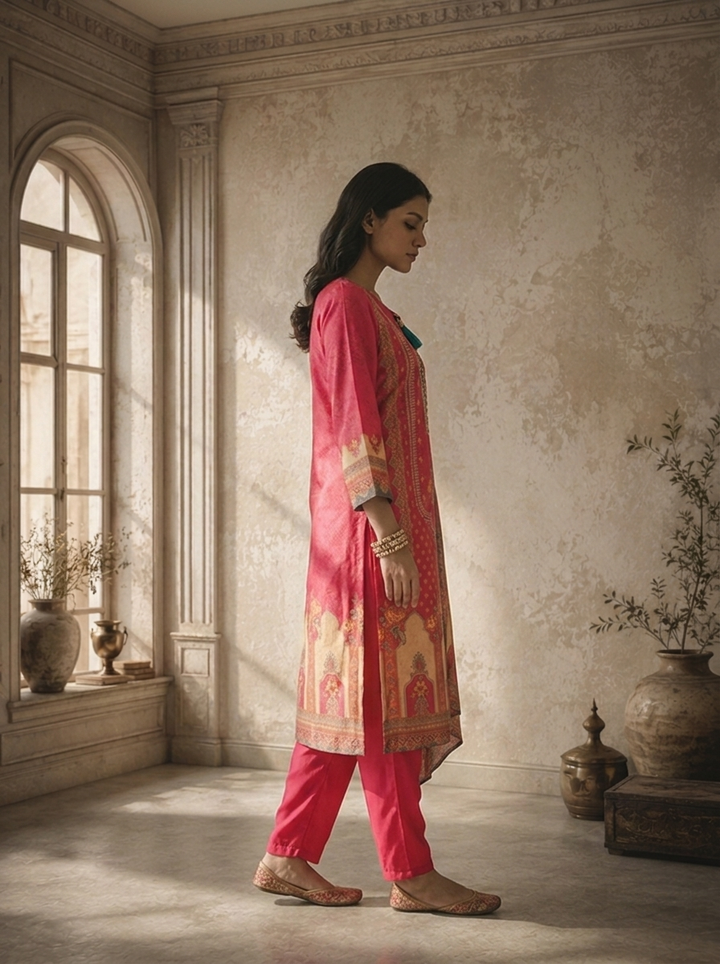 Magenta Crepe Mughal Arch Printed Three Piece Set