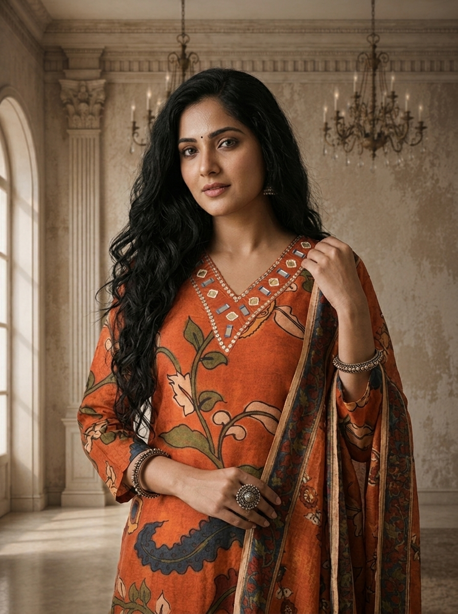 Rust Muslin Kalamkari Floral Jaal Printed Three Piece Set