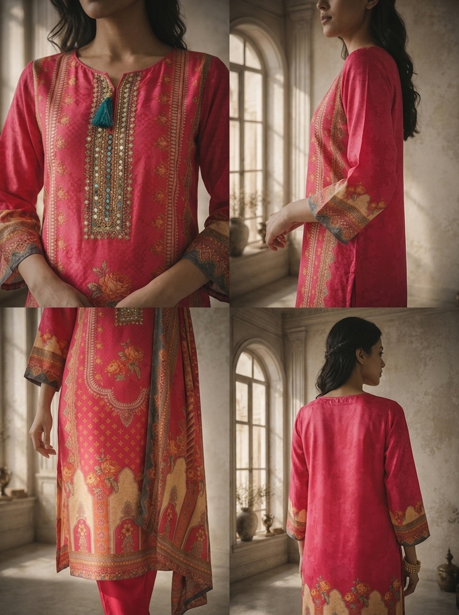 Magenta Crepe Mughal Arch Printed Three Piece Set