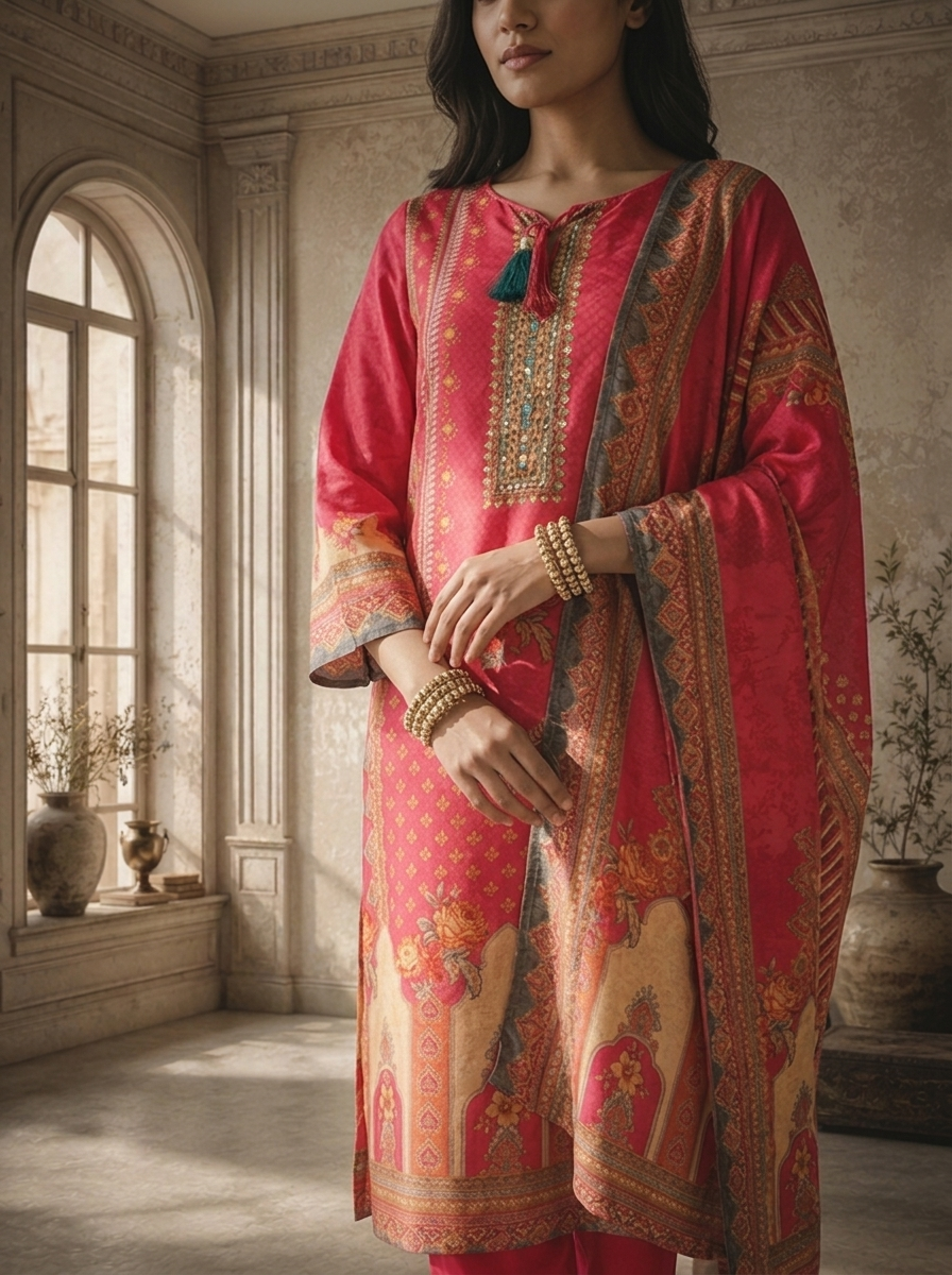 Magenta Crepe Mughal Arch Printed Three Piece Set