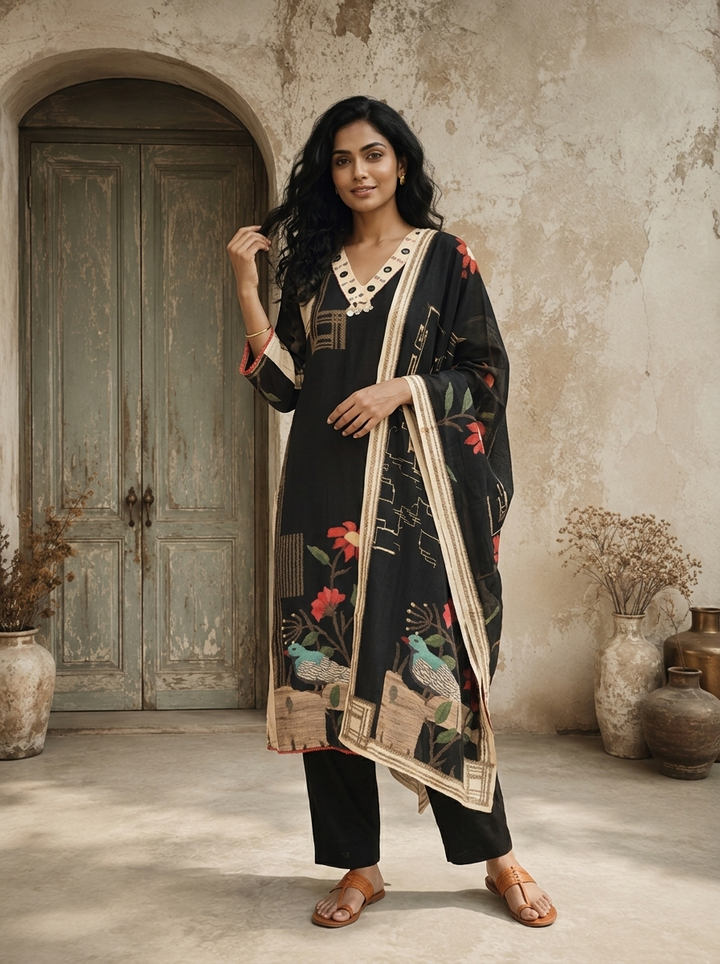 Black Cotton Paithani With Floral Embroidered Three Piece Set