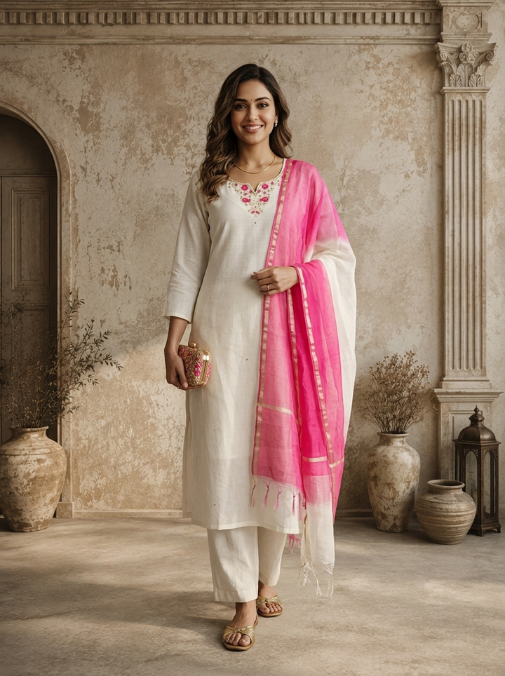 White Chanderi Floral Zardozi Embroidered Three Piece Set