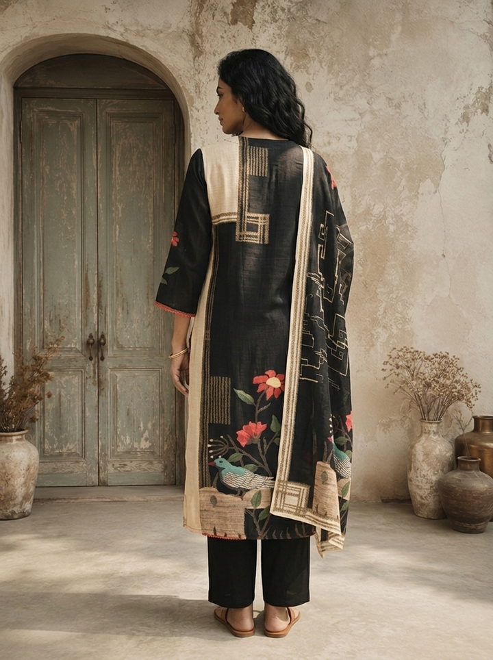 Black Cotton Paithani With Floral Embroidered Three Piece Set