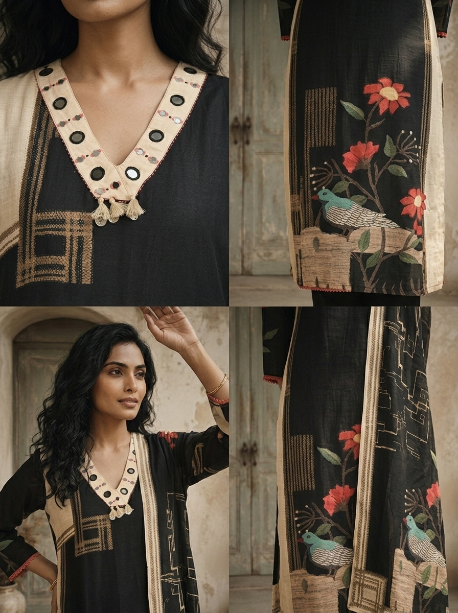 Black Cotton Paithani With Floral Embroidered Three Piece Set
