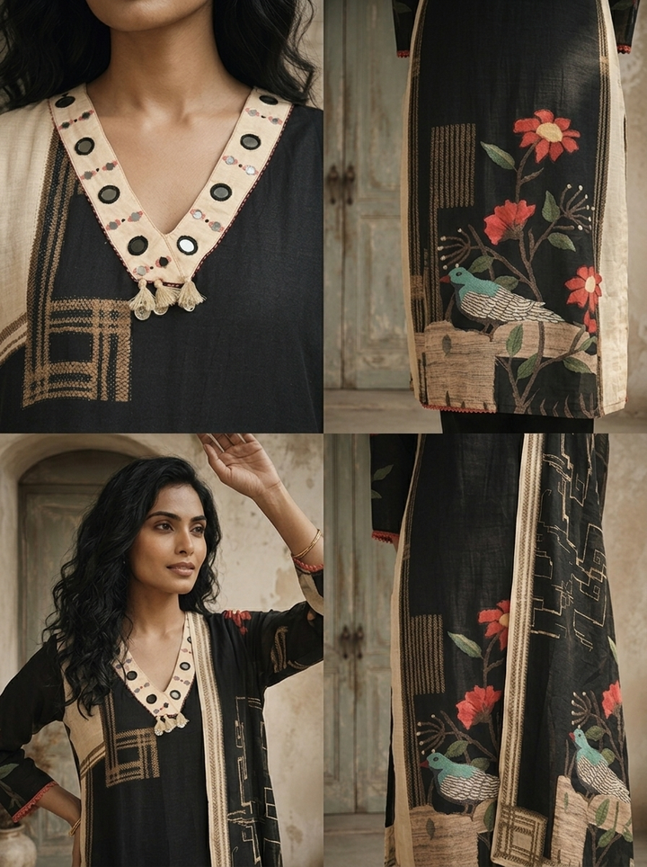 Black Cotton Paithani With Floral Embroidered Three Piece Set