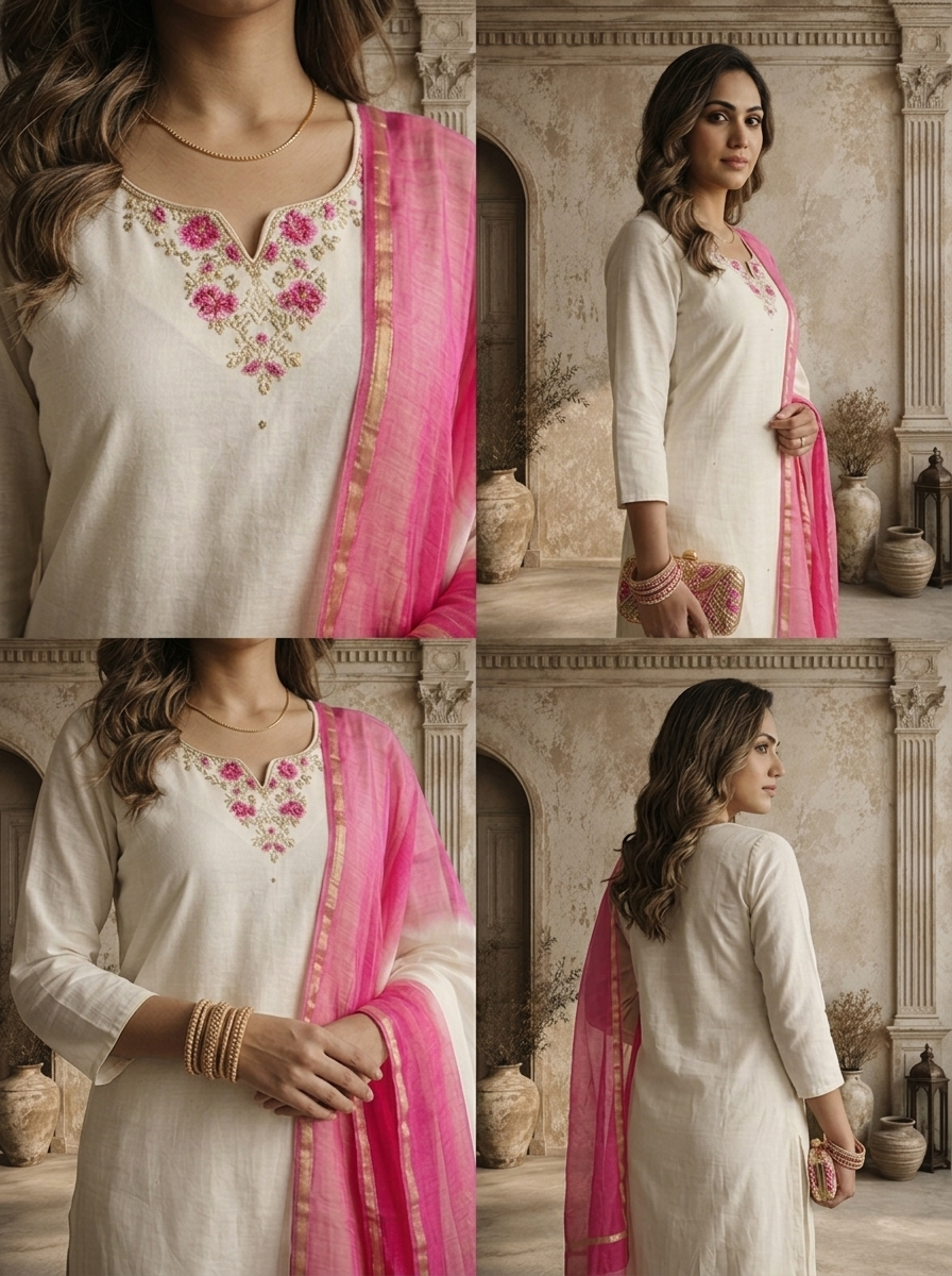 White Chanderi Floral Zardozi Embroidered Three Piece Set