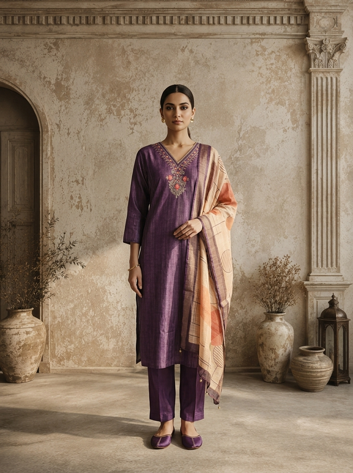 Purple Satin Zari Stripes Embroidered Three Piece Set