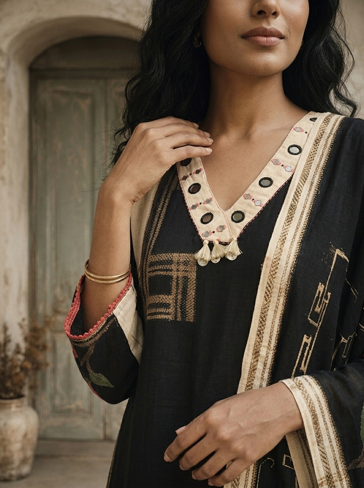 Black Cotton Paithani With Floral Embroidered Three Piece Set