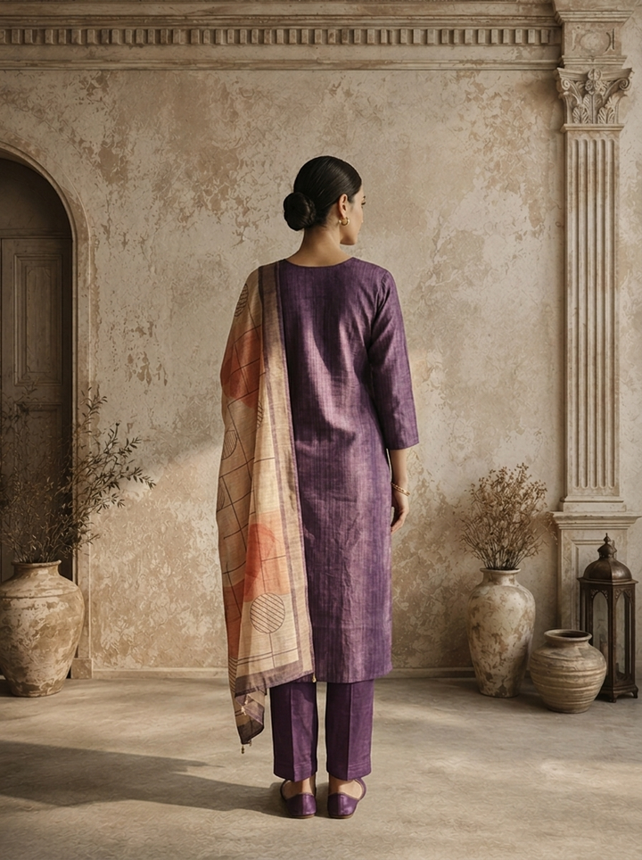 Purple Satin Zari Stripes Embroidered Three Piece Set