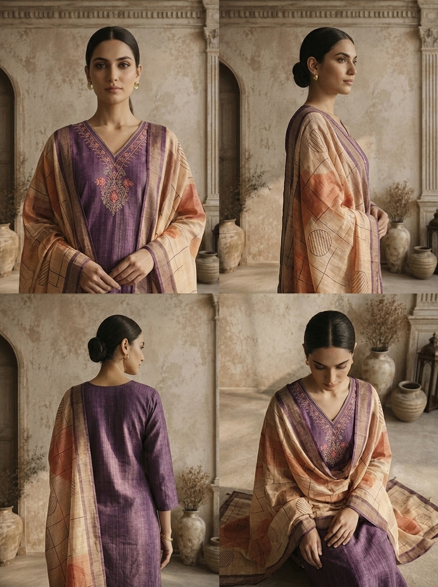 Purple Satin Zari Stripes Embroidered Three Piece Set