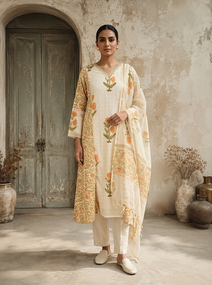 Mustard Cotton Floral Printed With Marigold Embroidered Three Piece Set