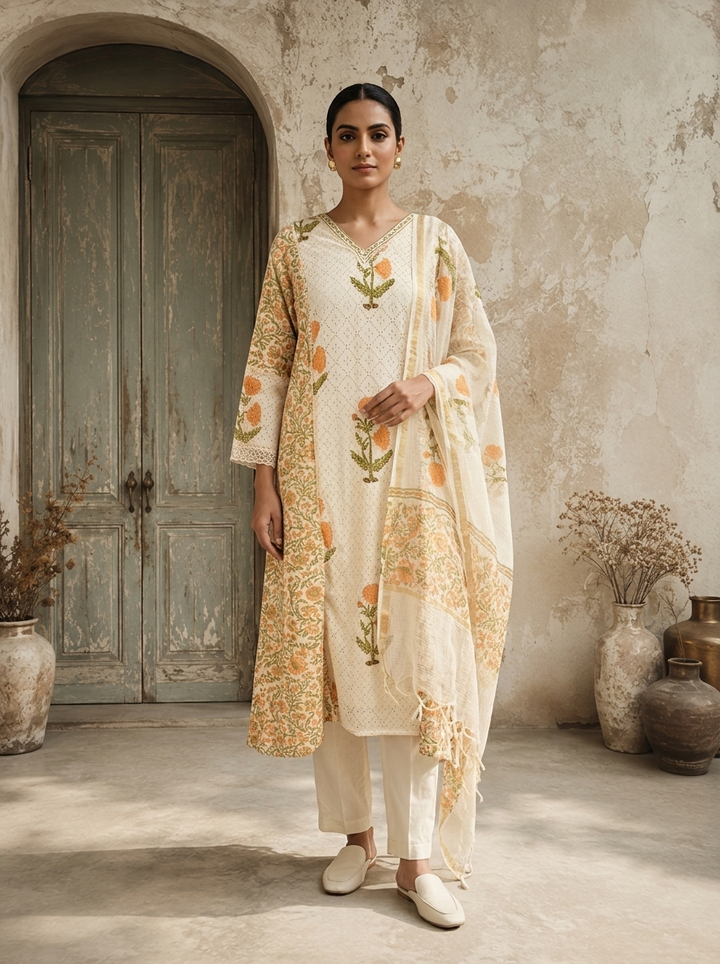 Mustard Cotton Floral Printed With Marigold Embroidered Three Piece Set
