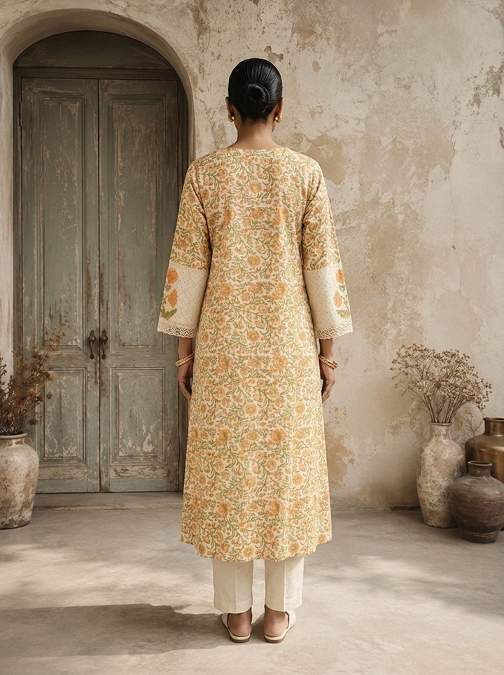 Mustard Cotton Floral Printed With Marigold Embroidered Three Piece Set