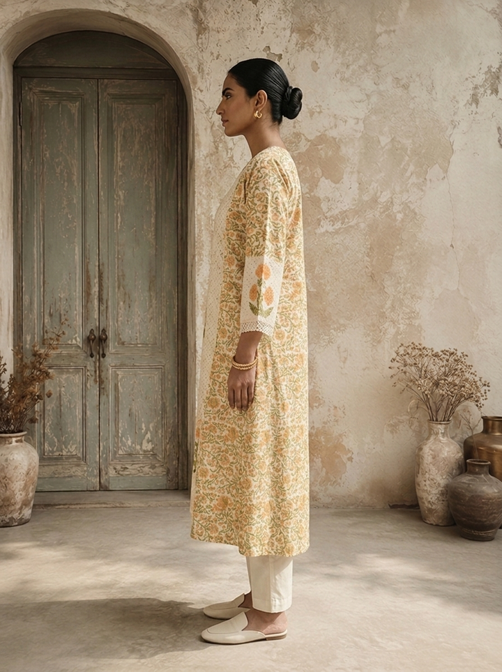 Mustard Cotton Floral Printed With Marigold Embroidered Three Piece Set