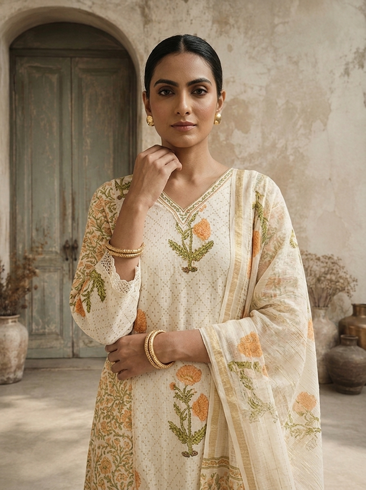 Mustard Cotton Floral Printed With Marigold Embroidered Three Piece Set