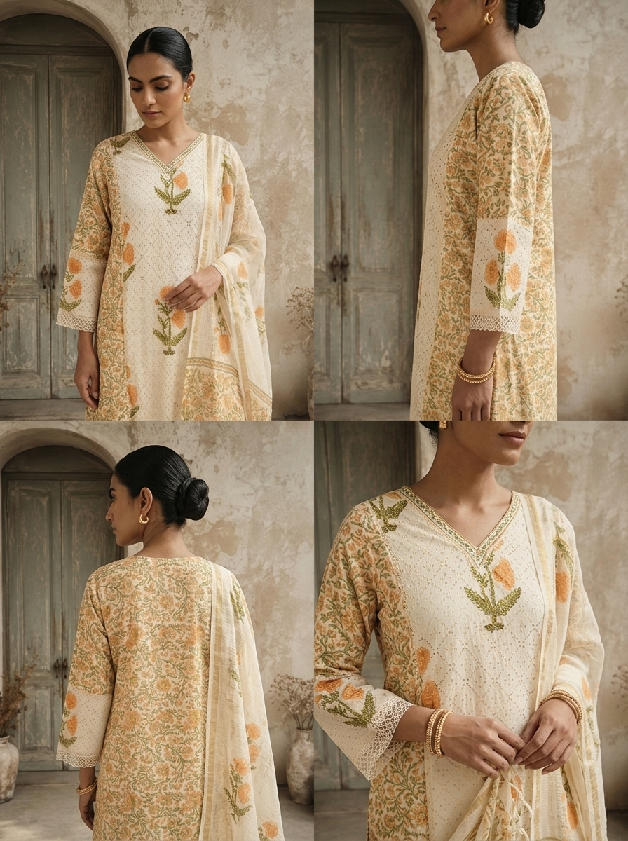 Mustard Cotton Floral Printed With Marigold Embroidered Three Piece Set