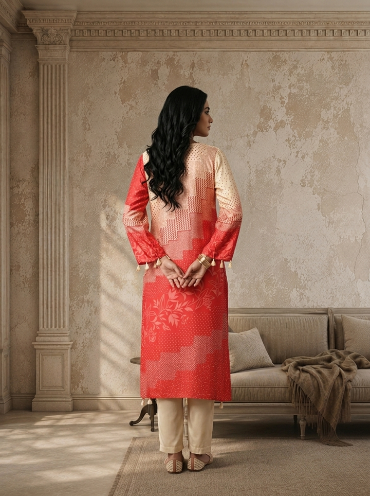 Red Satin Geometric Patchwork And Leaf Printed Two Piece Set