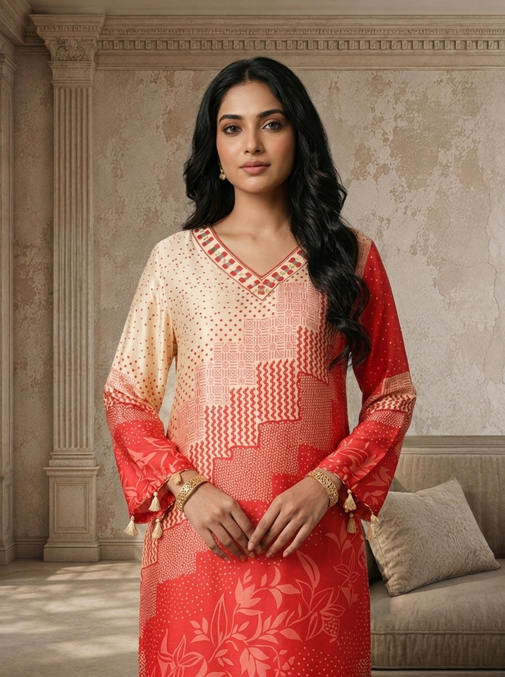 Red Satin Geometric Patchwork And Leaf Printed Two Piece Set