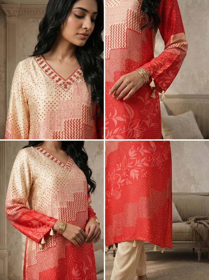Red Satin Geometric Patchwork And Leaf Printed Two Piece Set