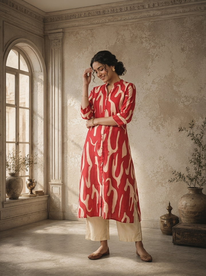 Maroon Modal Abstract Brush Printed Kurta