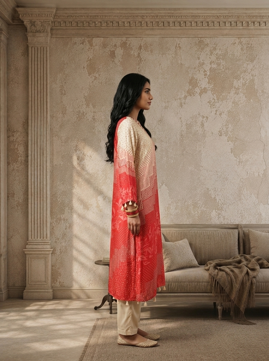 Red Satin Geometric Patchwork And Leaf Printed Two Piece Set