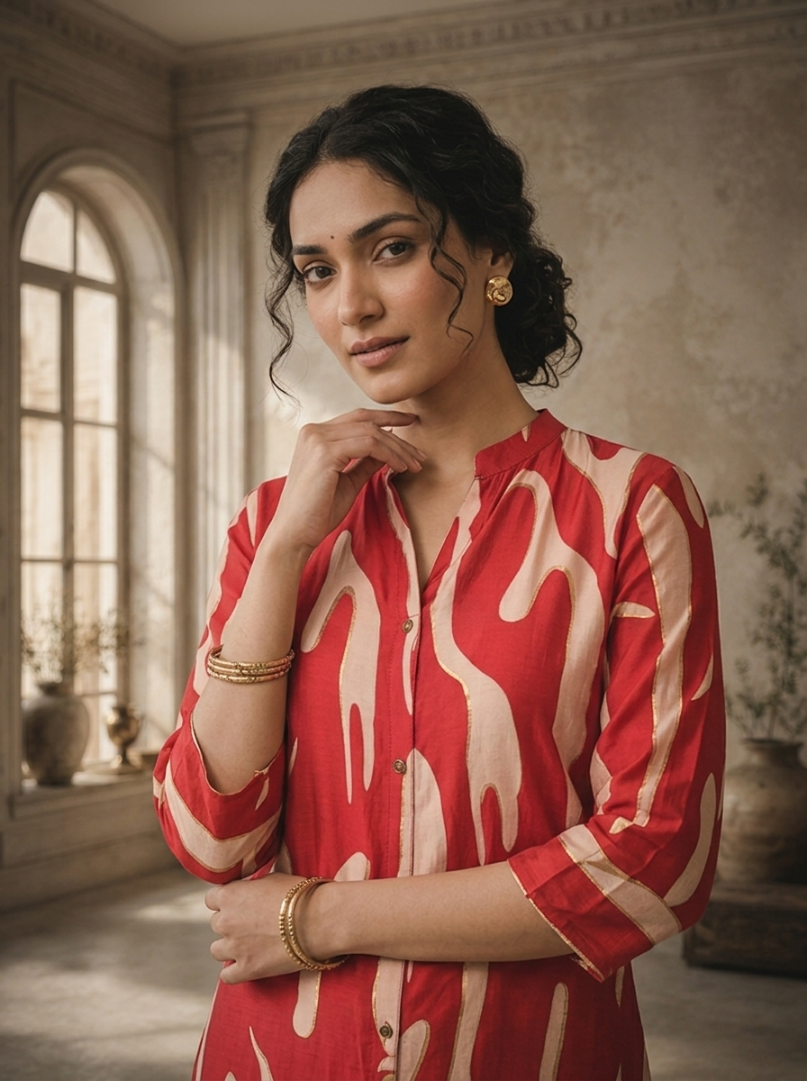 Maroon Modal Abstract Brush Printed Kurta