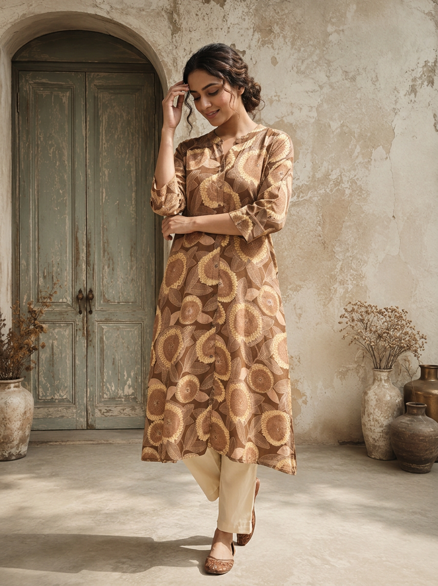 Brown Modal Sunflower Printed Kurta