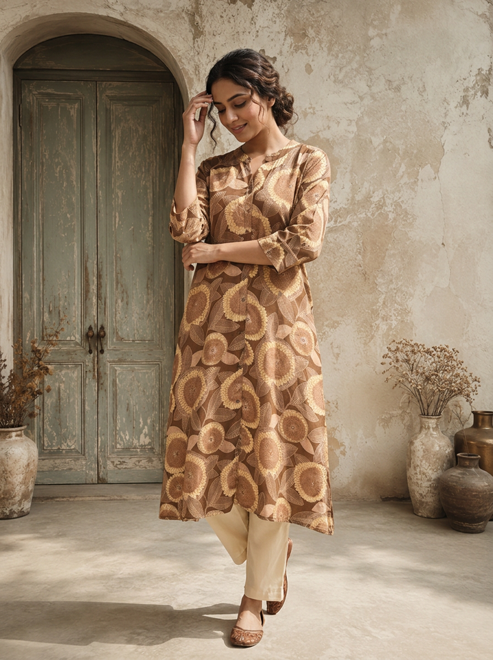 Brown Modal Sunflower Printed Kurta
